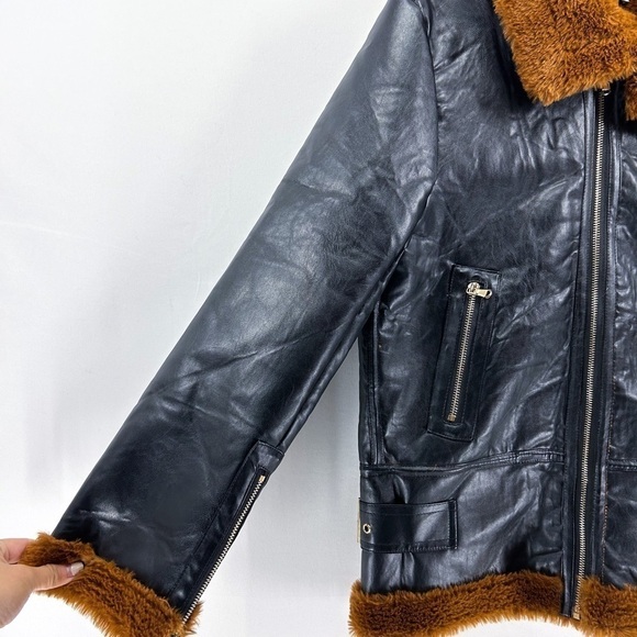 𝅺LIONESS Black Faux Leather Jacket Faux Fur Lining and Trim - Picture 7 of 9